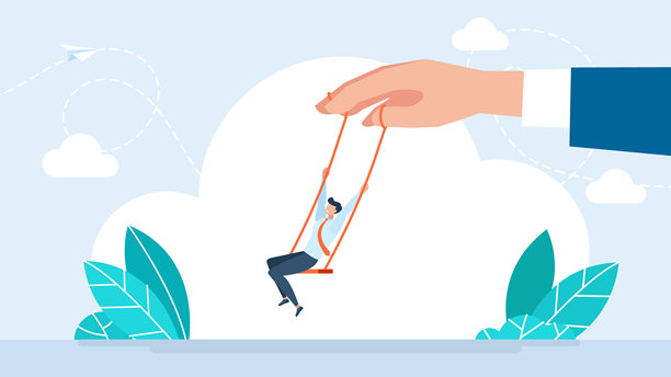 情绪受他人影响。年轻男性角色坐在秋千上。情绪波动。情绪平衡。心理障碍、压力、焦虑、危机。双相情感。扁平化设计插画图片下载