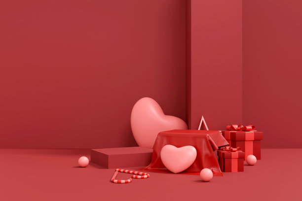情人节主题3D渲染背景，带有粉色心形和角落产品展示台，非常适合用于激情营销和促销活动。图片下载