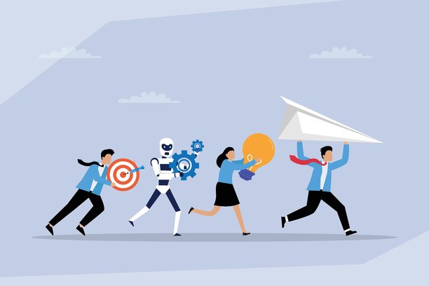 人工智能协作商业团队，共同奔跑实现目标、创新和战略愿景的二维扁平化矢量插画图片下载