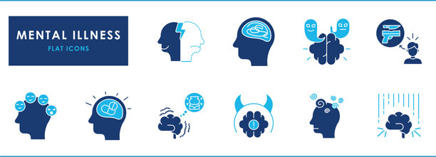 一套与精神疾病相关的扁平化图标。例如精神分裂症、双相情感障碍、重度抑郁症、神经性厌食症、身份认同障碍等。图片下载