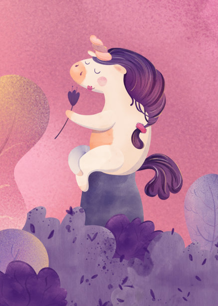 可爱水彩风独角兽宝宝，粉色背景上坐着，紫色鬃毛，红润脸颊，宁静祥和。适合婴儿房装饰、儿童海报、贺卡、贴纸的可爱魔法插画。图片下载