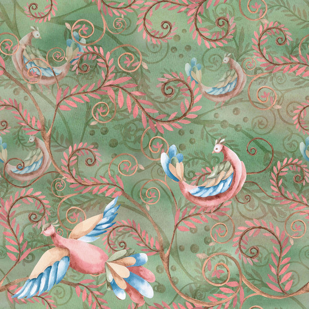 柔和绿底上带有风格化鸟类和粉色树枝的无缝图案。适用于室内设计、服装面料印花、项目设计和包装的水彩插画。图片下载