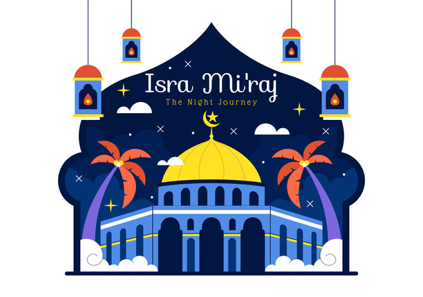 伊斯兰节日扁平化背景下，描绘先知穆罕默德夜行、清真寺和灯笼的伊斯兰教“登霄节”矢量插画图片下载