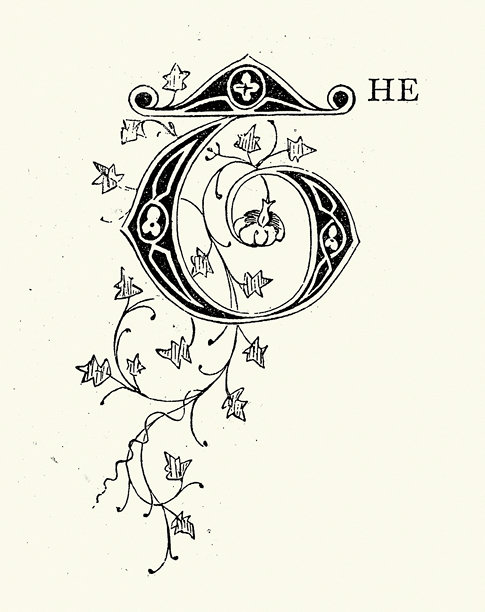 大写字母T，哥特常春藤图案，木刻版画，复古插画，19世纪，维多利亚时代图片下载