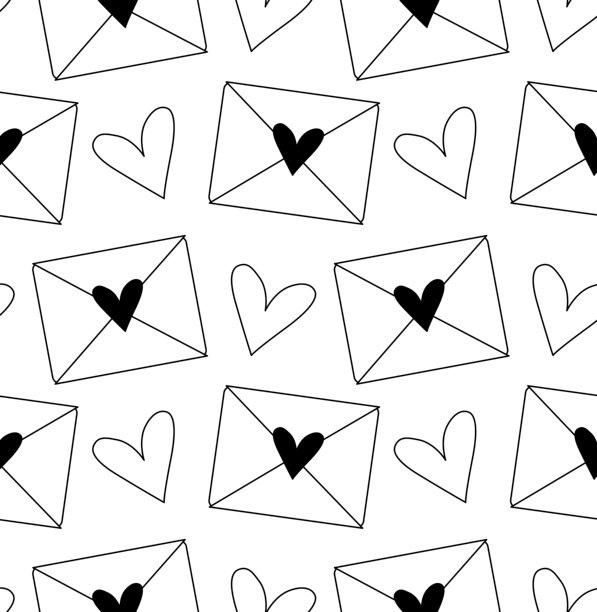 手绘可爱心形和情书的无缝图案。情人节无缝图案。矢量线条黑白插画，可用作贺卡、壁纸或礼品包装图片下载