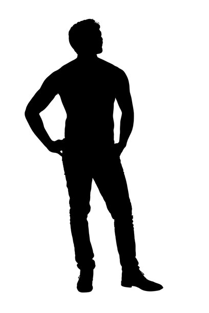 男人赤裸上身，双手叉腰，仰望天空的剪影，白色背景图片下载