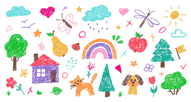 儿童蜡笔粉笔元素套装，手绘风格，专为儿童设计。可爱的幼儿园彩色铅笔狗、猫、星星、云朵、花朵、爱心和房屋。稚拙的夏日矢量插画，适用于贴纸和图标。图片下载