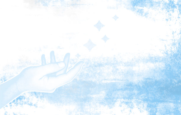 手部半调风格插画，手心向上，上方漂浮着魔法星星元素，背景为水彩纹理。图片下载