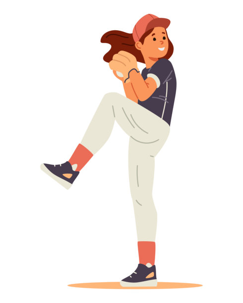 女孩投掷棒球的平面矢量插画，孤立在白色背景上。图片下载