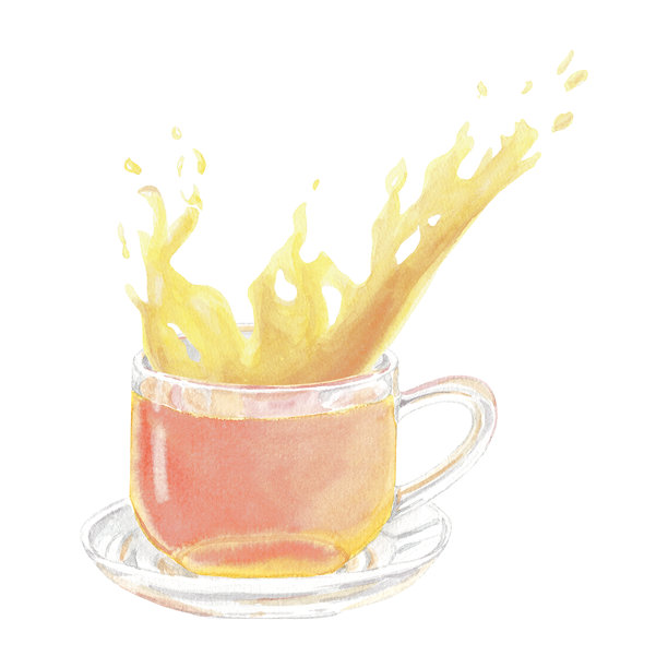 海棠果茶水彩手绘插画。杯碟插画，孤立的透明玻璃杯。用于菜单、卡片创作的图画。果汁、柠檬水、橙色水的飞溅和水滴。图片下载