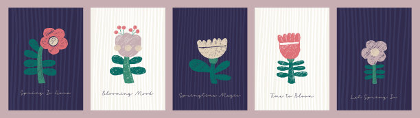 春季花卉卡片套装。蜡笔花卉与叶子。纹理手绘。带有标语的独立原始植物垂直海报。矢量插画。非人工智能图片下载