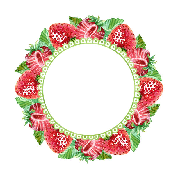 圆形草莓画框。多汁的夏季浆果花环。手绘水彩插画。适用于化妆品、水果零食、果酱、糖果、口香糖、菜单设计的复制空间模板图片下载