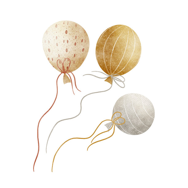 节日气球，灰色、米色，孤立背景。手绘水彩插画，用于新生儿贺卡、派对请柬、婴儿洗礼、设计可爱海报、托儿所装饰。图片下载