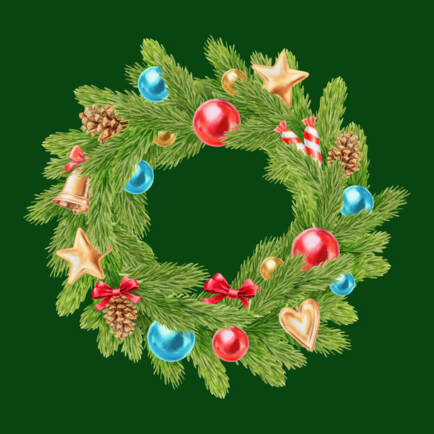 水彩插画圣诞花环，包含冷杉、玻璃球、松果和金色装饰。明亮绿色背景上的新年和圣诞节日装饰。图片下载