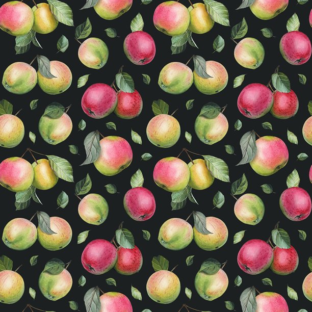 手绘无缝图案，深色背景上饰有成熟的苹果。水彩插画。图片下载