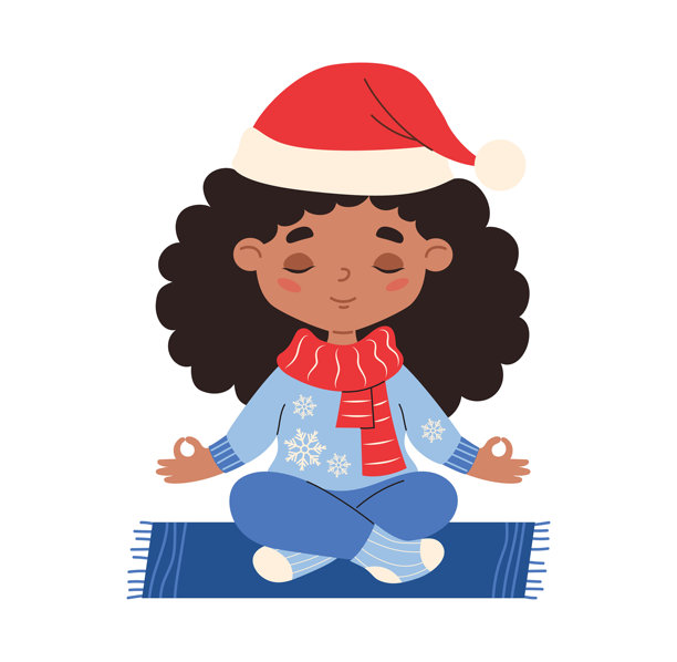 可爱的圣诞民族风女孩冥想。节日冬季瑜伽士。戴圣诞帽的卷发女孩角色，平静地盘腿而坐。矢量插画。非人工智能生成图片下载
