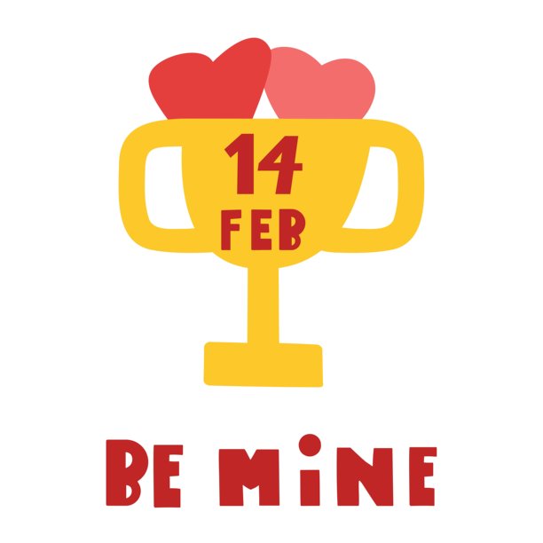 情人节奖杯。金色奖杯的简约矢量插画，带有两颗心和数字14，“Be Mine”文字。图片下载