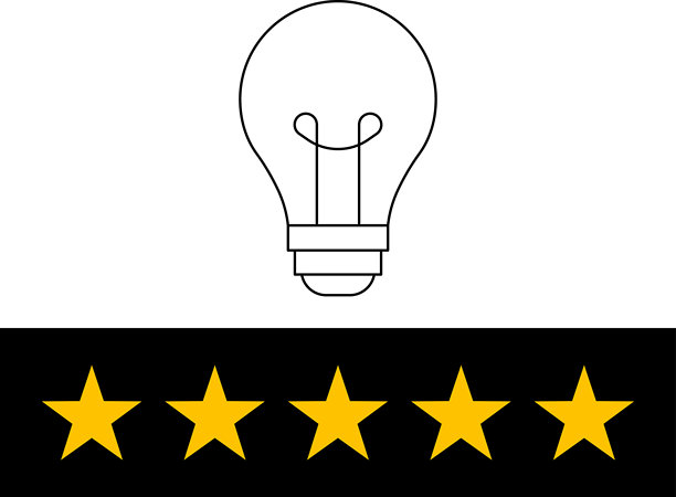 五星评分和发光的灯泡，强调想法、评论、反馈、创新、目标。创意、团队合作、质量改进、用户体验评估插画图片下载