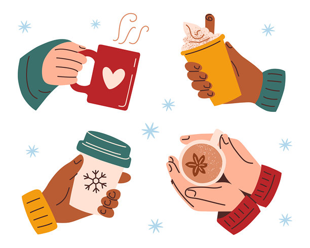 扁平卡通咖啡杯、马克杯和外卖饮品矢量插画集，包含手持饮品、舒适毛衣、冬季圣诞色彩、雪花、节日氛围、香料热饮套装图片下载