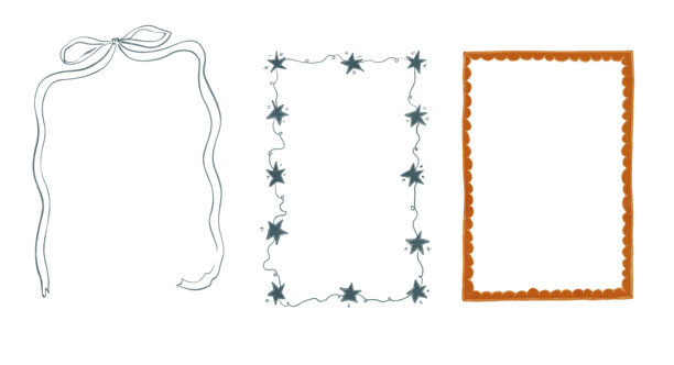 一张异想天开的涂鸦边框水彩插画，配有蝴蝶结和星星。舒适的冬季设计。手绘元素，适用于邀请函、社交媒体和海报。图片下载