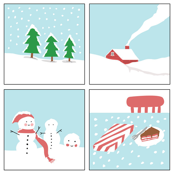 矢量图，描绘了圣诞冬季主题的四个分镜：圣诞树伴随飘落的雪花，一栋红色的房子覆盖着白雪并冒着烟，一个雪人，以及一张摆放着礼物和蛋糕的餐桌。图片下载