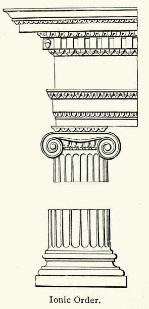 历史，古典建筑，爱奥尼柱式和山墙，复古插画，19世纪，维多利亚时代图片下载