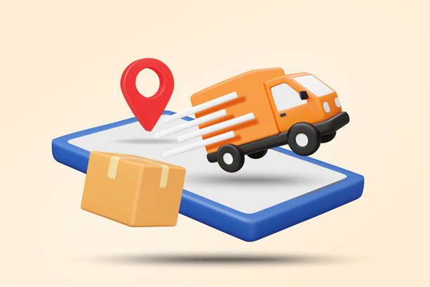 3D矢量插画渲染的移动物流概念，提供实时定位追踪的快递服务，卡车从手机出发，包含定位标记、GPS和包裹、配送卡车。图片下载