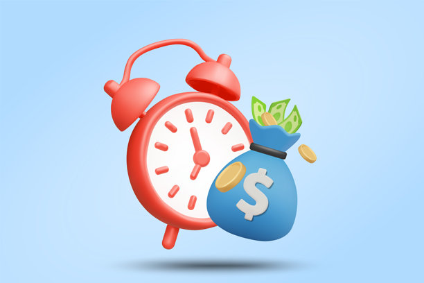 3D矢量插画渲染，表现即时利润概念或快速销售促销。红色闹钟，旁边是装满现金和硬币的蓝色钱袋。限时优惠、特价促销、奖励、金融。图片下载