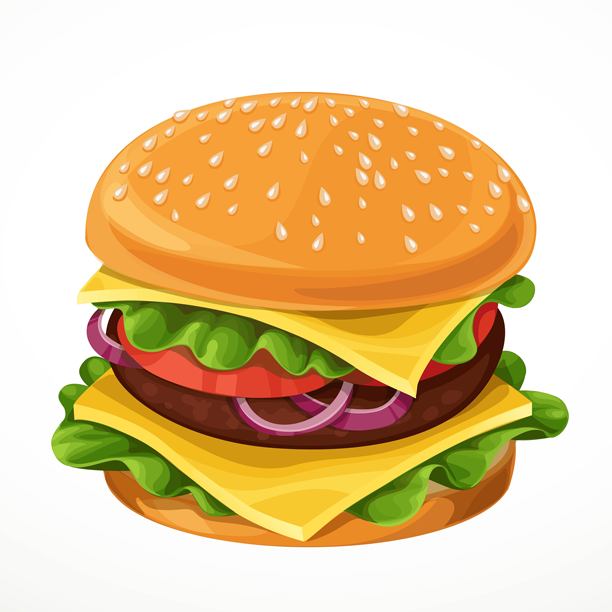 矢量汉堡，配有肉饼、奶酪、生菜、番茄和洋葱圈，孤立在白色背景上图片下载
