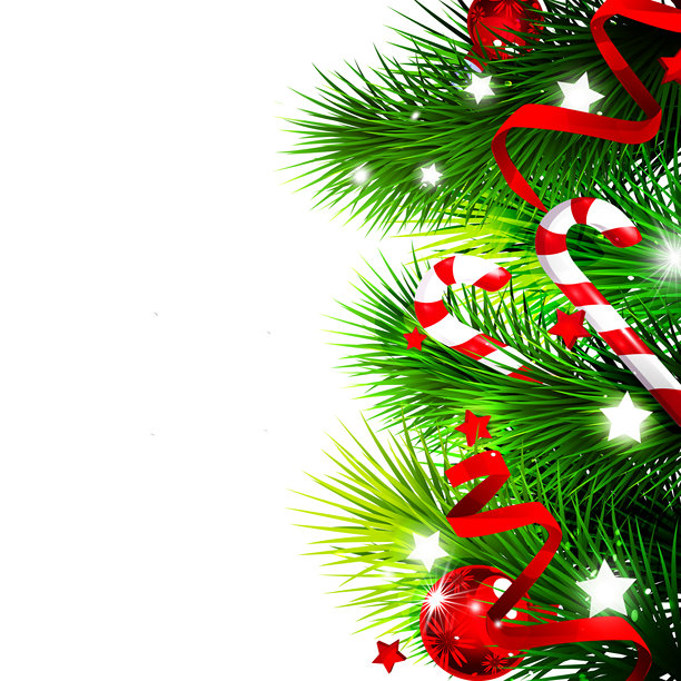 装饰过的圣诞冷杉树枝，上面有五彩纸屑、拐杖糖和装饰球，背景为纯白色。时尚的矢量冬季海报，留有空白空间。图片下载