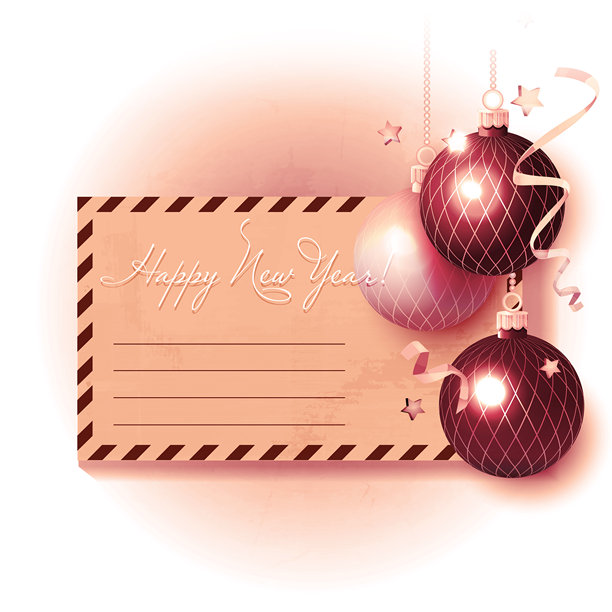 复古风格的“新年快乐”。圣诞树挂饰，内含带有祝贺文字的邮政信封，以及点缀星辰的纸屑，置于纹理粗糙的背景上。时尚的矢量单色冬季海报。图片下载