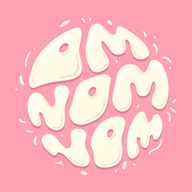 粉色背景上，采用俏皮圆润风格的“Om Nom Nom”字母矢量插画。可用于包装、社交媒体或食品相关项目的可爱字体设计。图片下载