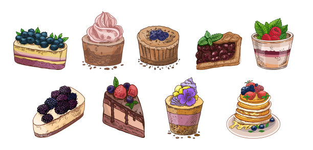 手绘复古风格的各种甜点和蛋糕的素描集合，配有浆果和奶油，彩色的矢量插画，可单独使用图片下载