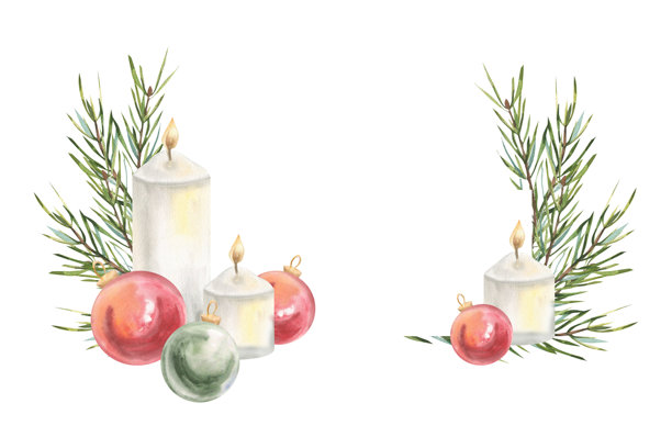 圣诞节传统节日横幅，配有云杉枝、白蜡烛、红绿圣诞装饰的水彩插画。适合新年派对邀请设计的独立新年相框。图片下载