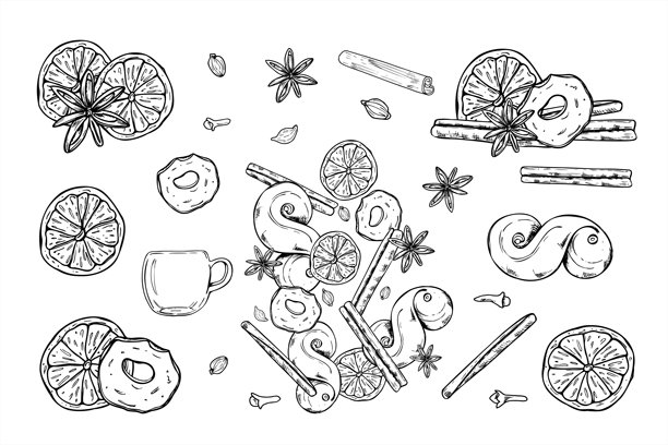 圣诞香料、干果片和藏红花面包的黑白矢量插画剪贴画。肉桂棒、橙子片和苹果片、茴香、豆蔻、瑞典传统lussekatt（藏红花面包）图形集。图片下载