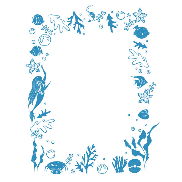 鱼、美人鱼、贝壳、珍珠、海藻和气泡的手绘边框。以海洋度假为主题的边框。矢量插画图片下载