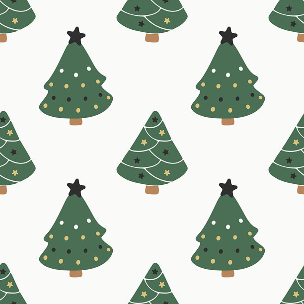 可爱无缝圣诞图案，包含小杉树和松树、星星装饰，以及柔和的冬季色彩，采用极简北欧风格的扁平矢量设计，非常适合婴儿织物。图片下载