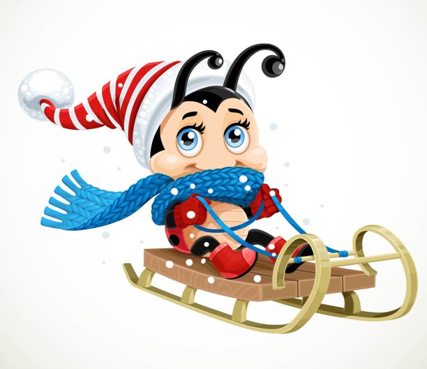 可爱的卡通瓢虫在白色背景上滑雪图片下载