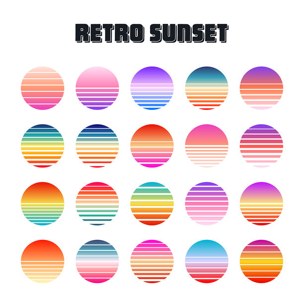复古彩色日落。80年代和90年代风格的条纹渐变日出徽章。阳光和海景，夏日氛围，冲浪。用于印刷品、徽标或T恤的设计元素。矢量插画图片下载