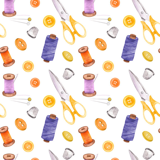 线轴、剪刀、纽扣、缝纫针和顶针的缝纫无缝图案。裁缝铺。手工制作。手绘水彩插画，用于缝纫主题设计、纺织品、包装纸图片下载