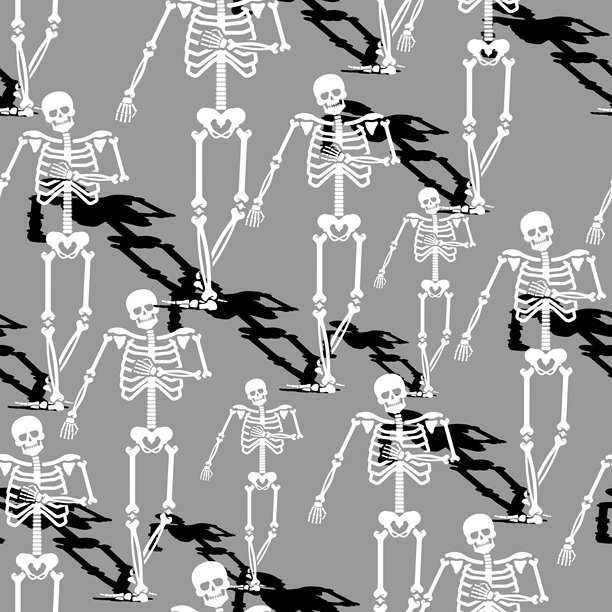 黑色风格化小骷髅图案，行走或行进中，用于无缝背景。代表解剖学、死亡、健康、万圣节或抽象的医学概念。灰色背景的矢量插画。图片下载