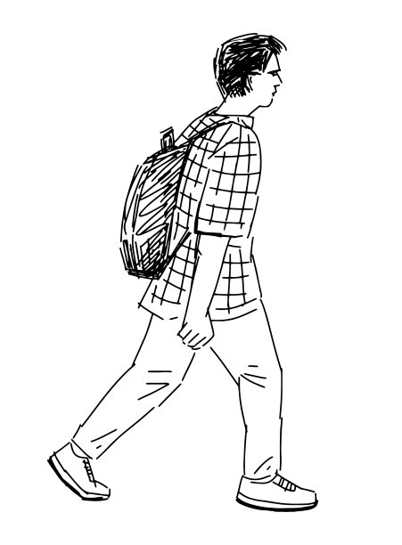 一个年轻的城市男性，背着背包的学生在户外迈步，侧面视图，写实素描，轮廓手绘，矢量插画图片下载