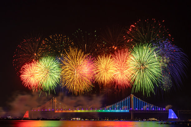 明亮美丽的彩色烟花在夜空中绽放。照片摄于韩国釜山。图片下载