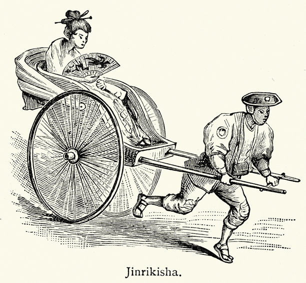 历史交通工具，人力车，日式人力车，复古插画，19世纪，维多利亚时代图片下载
