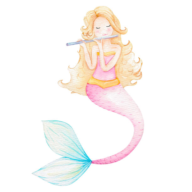 柔和色调的水彩美人鱼女孩吹奏长笛插画图片下载