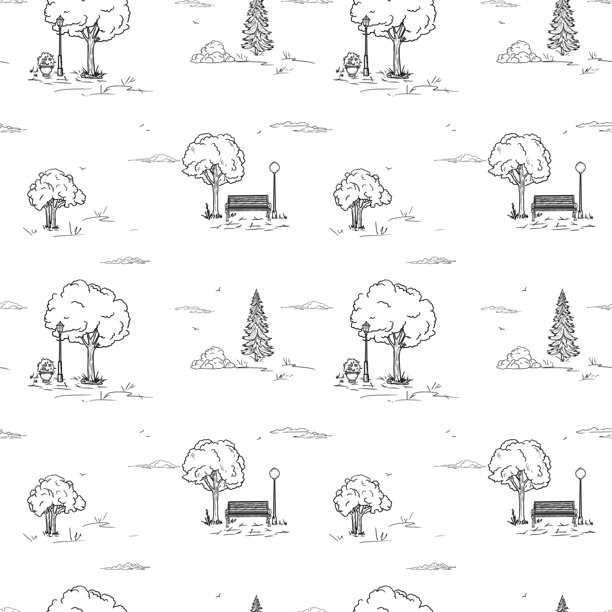 公园里的长椅和灯笼，素描。矢量插画。草地和人行道上的灌木丛，冷杉树，无缝图案，孤立在白色背景上。天空中蓬松的云朵。乡村和风景图片下载