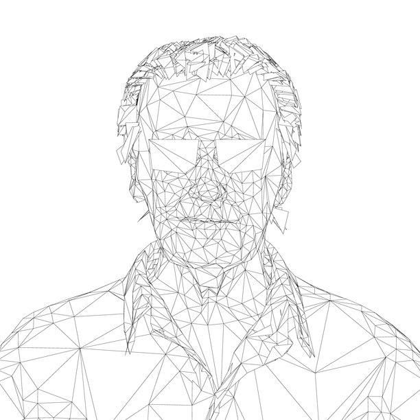 一个老年男子的脸由几何三角形组成，戴着眼镜，穿着衬衫和裤子，为极简的黑白插画。图片下载
