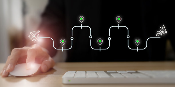 商业与项目路线图概念。使用电脑在虚拟屏幕上显示路线图叠加，展示项目或战略规划过程中的步骤、路径点图标，直至达成目标。图片下载