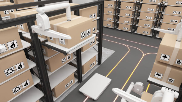 大型仓库使用机械臂和配送机器人进行货物拣选，实现产品管理、仓库及技术连接的自动化，3D渲染图片下载