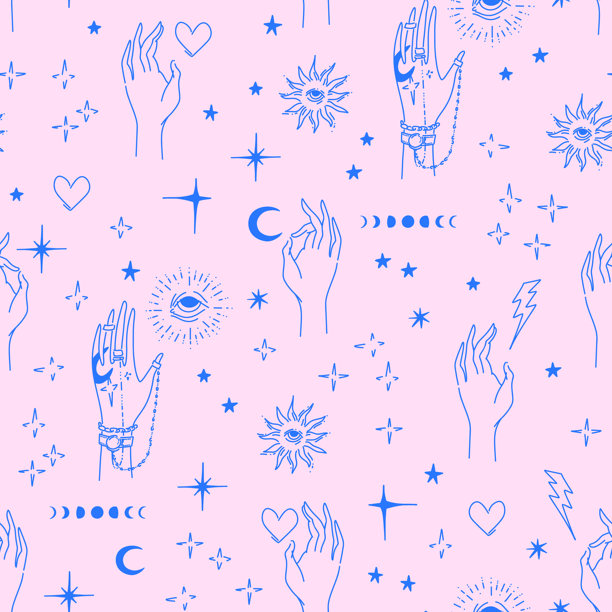 无缝纹身风格图案，包含手、心形、星星和带眼睛的太阳符号。魔法设计，矢量插画。图片下载